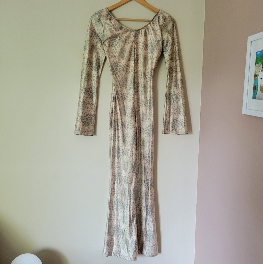 Vintage Leopard Cheetah Print Unitard Long Sleeve Flared Leg And Sleeve Jumpsuit